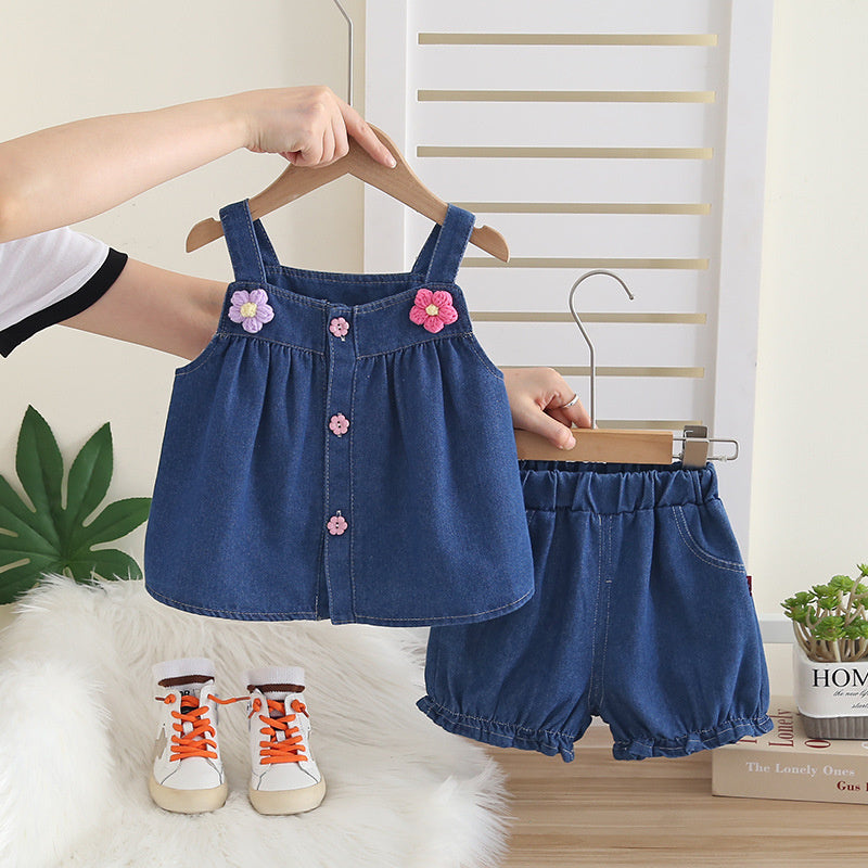 Baby Girl Denim Suspender 2026 New Children's Clothing Floral Two-Piece Set for Girls Summer Outfit