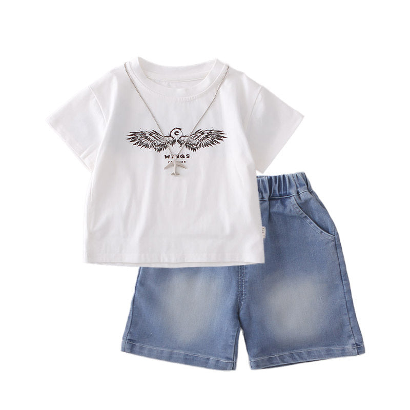Boys' Wing Short Sleeve 2026 New Korean Style Thin Summer Outfit for Young Boys, Trendy and Cool Two-Piece Set