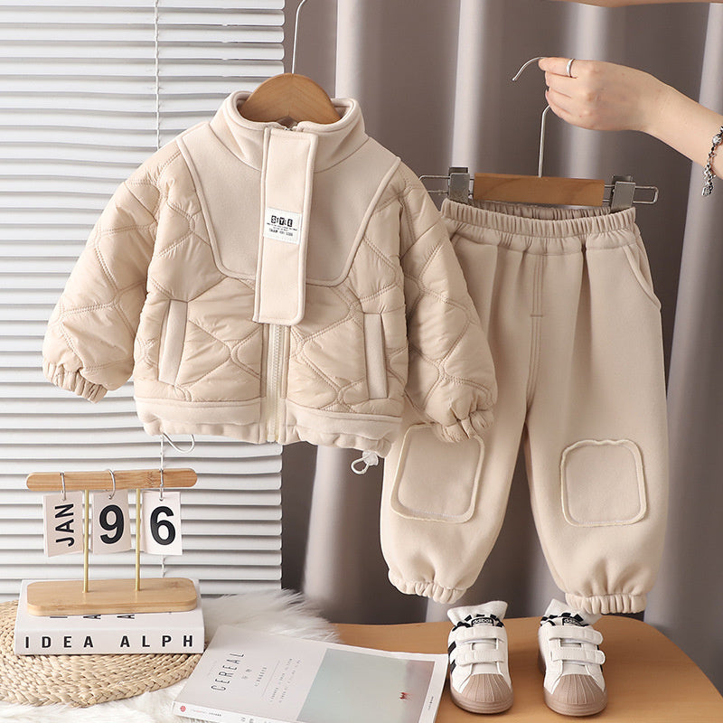 Clothing Boys' Children's Casual Fleece Lined Thickened Autumn Winter Outfit Baby High Collar Zipper Two-Piece Set Trendy