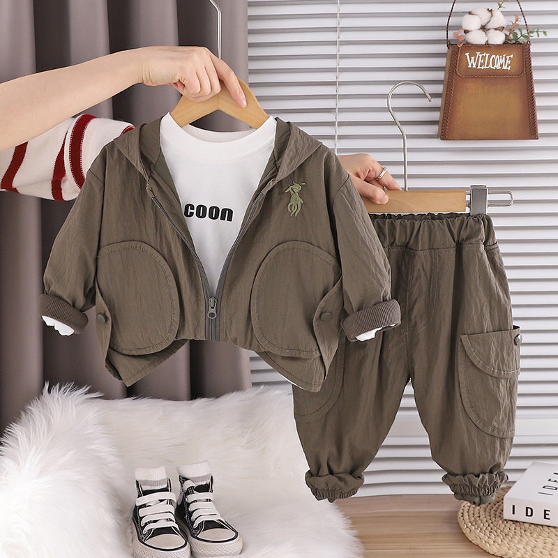 Spring Outfit 2026 New Trendy Stylish Fashionable Children's Clothing Boys' Solid Color Hooded Three-Piece Set