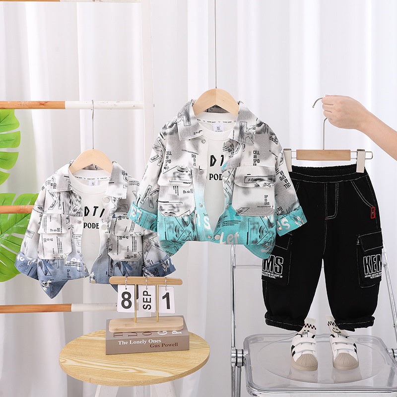 Denim 2025 Autumn Stylish Boys' Long Sleeve Full Printed English Gradient Three-Piece Set Trendy