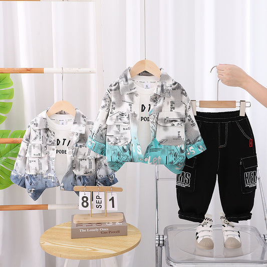 Denim 2025 Autumn Stylish Boys' Long Sleeve Full Printed English Gradient Three-Piece Set Trendy