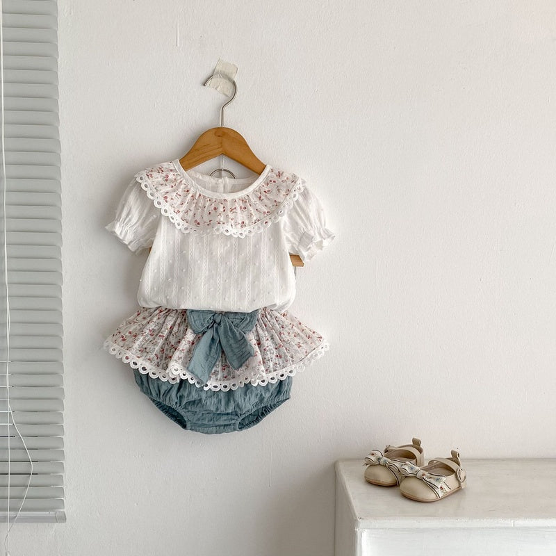 Baby Clothes 2025 Summer New Cute Printed Collar Short Sleeve Top Romper Skirt Pants Two-Piece Set for Girls