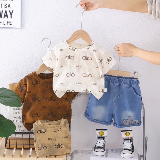 Boys' Summer Outfit 2026 New Stylish and Cool Baby Children's Round Neck Short Sleeve Two-Piece Set Thin Trendy Clothes