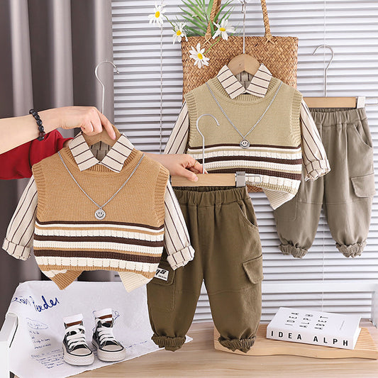 Boys' outfit stylish baby striped color-block sweater three-piece set, infant children's spring and autumn trendy clothing