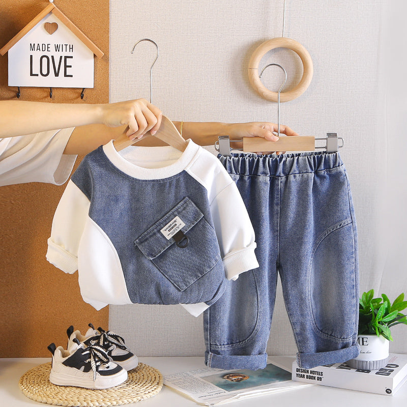 Boys' Outfit 2026 New Baby Boy Large Pocket Sweatshirt Korean Style Casual Children's Spring and Autumn Two-Piece Set