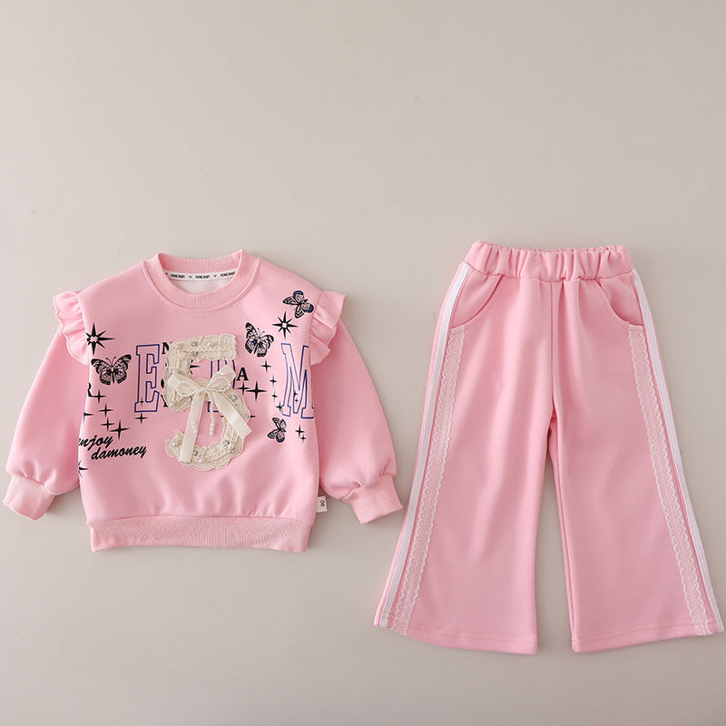 Girls' Fashionable Sporty Digital Print Bow Sweatshirt Set Baby Autumn Stylish Infant Children's Clothing Wholesale