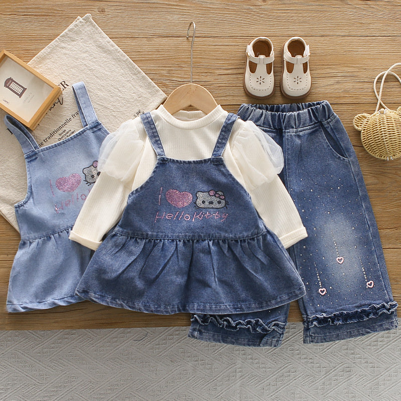 Girls' Outfit 2026 New Fashionable Children's Clothing Baby Denim Suspender Skirt Three-Piece Set Spring and Autumn Clothes
