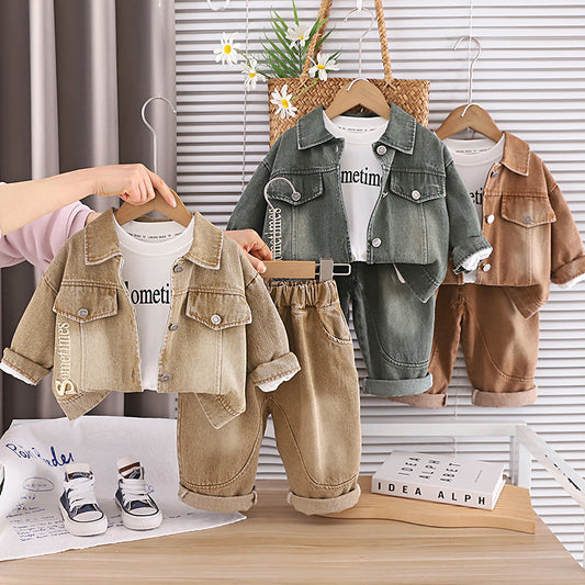 Boys' Outfit with Embroidered Letters, Stylish Baby Denim Spring Autumn Three-Piece Set, New Trendy Infant and Toddler Clothing