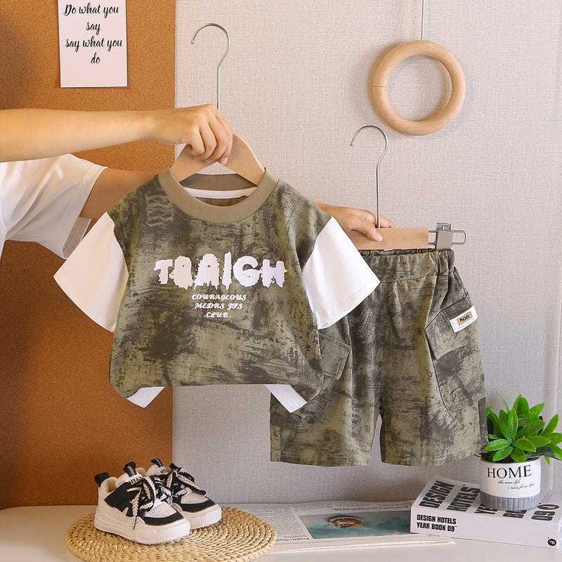 Boys' short-sleeve suit with patchwork sleeves, 2026 new baby summer clothing, infant and toddler two-piece set