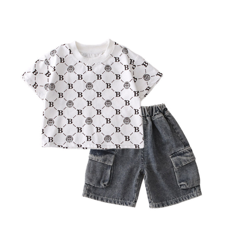 Boys' Outfit 2026 New Stylish Round Neck Lion Children's Short Sleeve Two-Piece Set Baby Summer Clothes