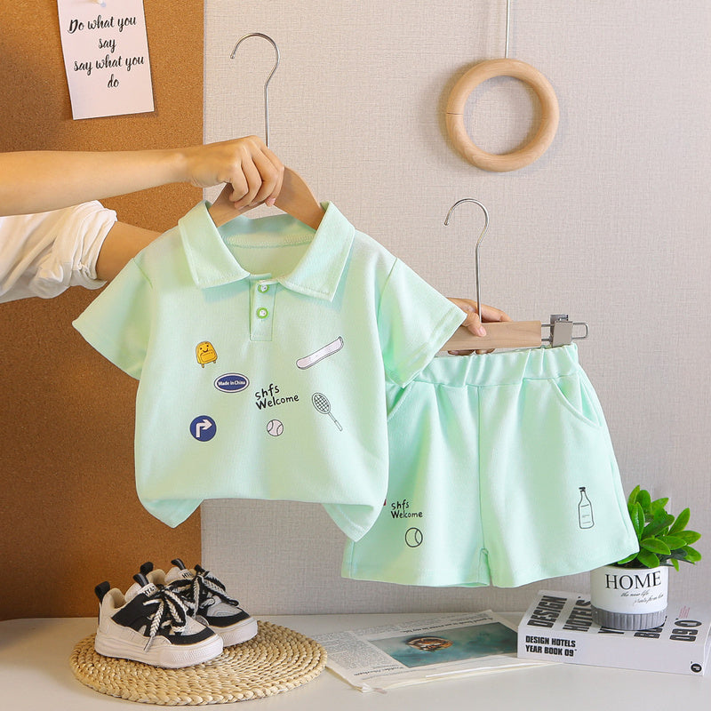 Children's clothing boys' outfit 2026 new style kids' summer cartoon sports short-sleeve two-piece set baby casual wear