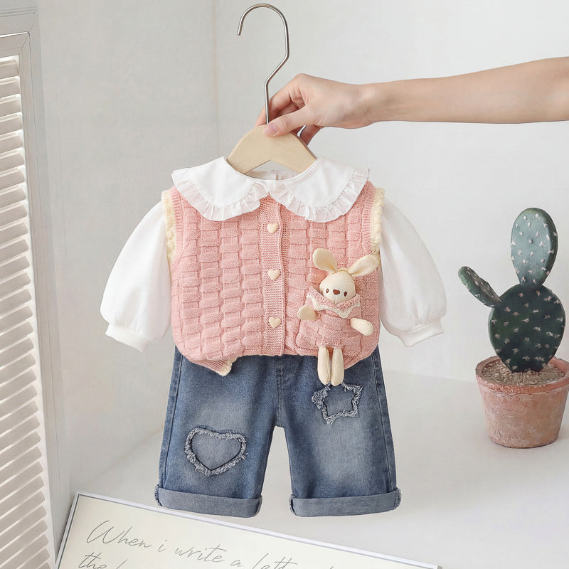 Baby Girl Outfit 2026 New Fashionable Infant Clothes Girls' Spring and Autumn Cartoon Doll Rabbit Sweater Three-Piece Set