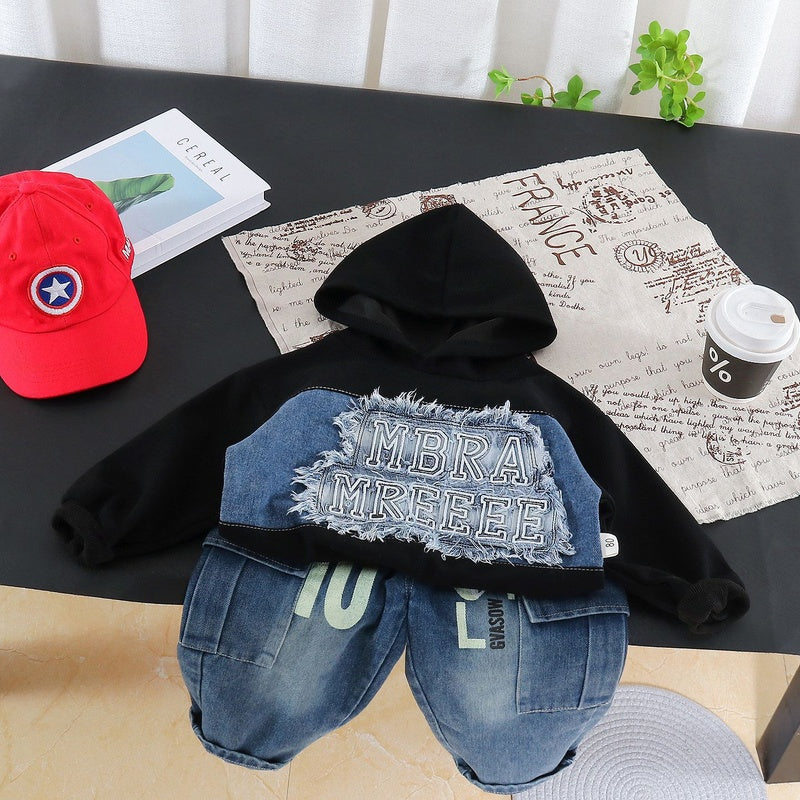 Boys' Outfit, Stylish New 2026 Embroidered Patch Sweatshirt Two-Piece Set, Cool Long-Sleeve Spring and Autumn Fashion