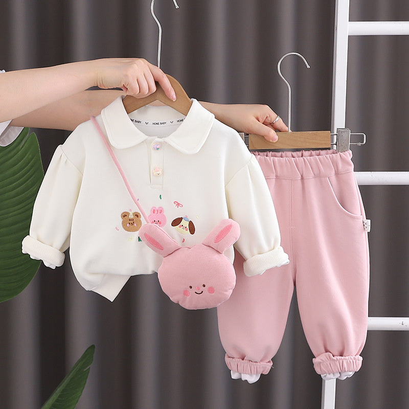 Girls' Outfit Turn-Down Collar Sweatshirt 2025 New Toddler Baby Spring Autumn Bunny Polo Crossbody Bag Two-Piece Set