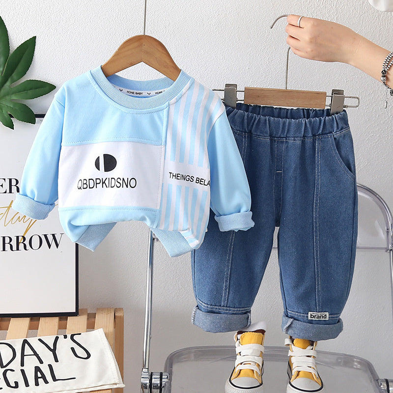 Boys' Outfit Set 2026 New Style Infant Children's Spring and Autumn Striped Sweatshirt Two-Piece Handsome Color-Block Clothes for Baby Boys