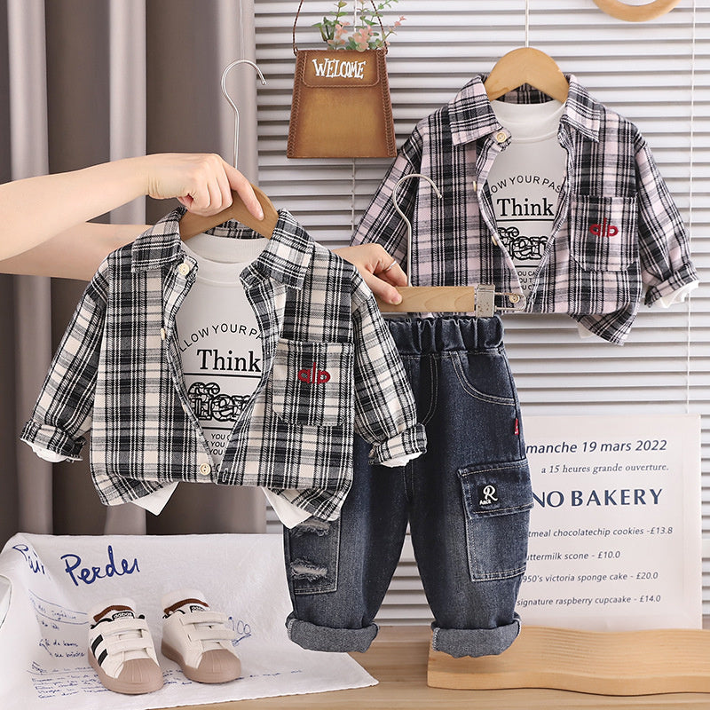 Boys' Suit 2026 New Korean Style Casual Wear for Children Spring and Autumn Plaid Shirt Cardigan Three-Piece Set Wholesale