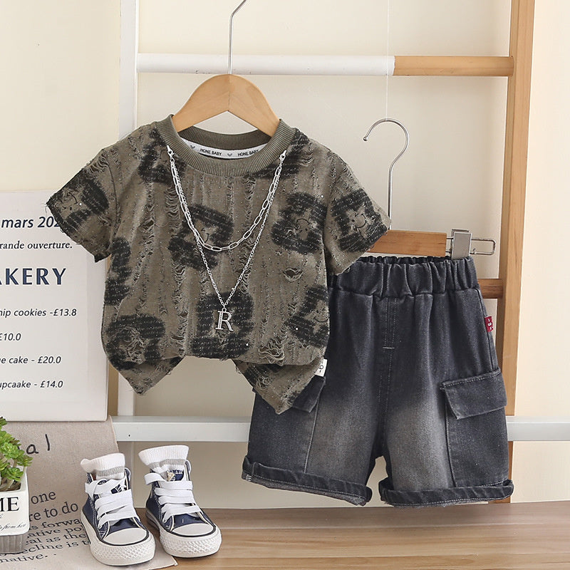Boys' Outfit Set 2026 New Summer Style Children's Star Smiley Face Short Sleeve Necklace Two-Piece Baby Clothes Trendy