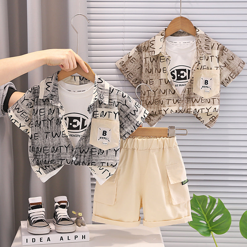 Boys' Outfit 2026 New Fashionable Toddler Summer Pocket Letter Shirt Short Sleeve Lightweight Clothing