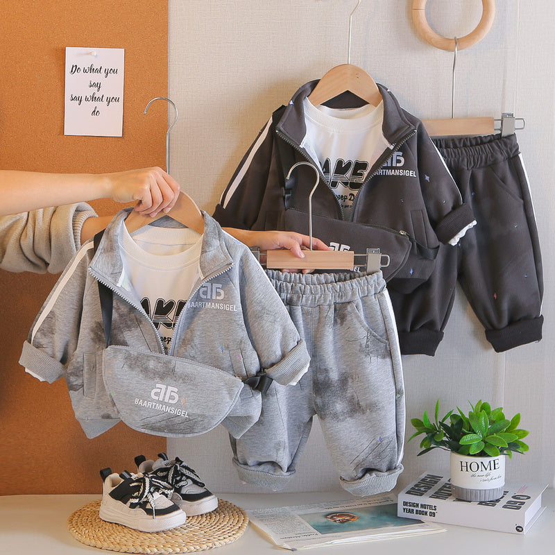 New Spring Letter Print Zipper Three-Piece Set for Baby Boys, Infant and Toddler Long-Sleeve Casual Versatile Outfit, Trendy