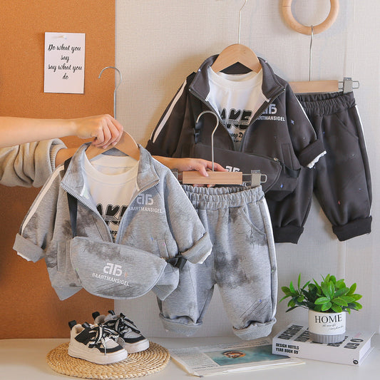 New Spring Letter Print Zipper Three-Piece Set for Baby Boys, Infant and Toddler Long-Sleeve Casual Versatile Outfit, Trendy