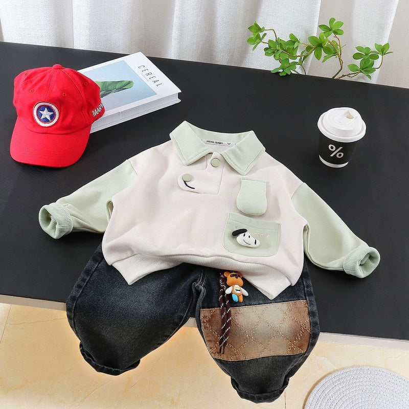 Boys' Outfit 2026 New Fashionable Children's Spring and Autumn Clothes Baby Boy Pocket Dog Sweatshirt Two-Piece Set