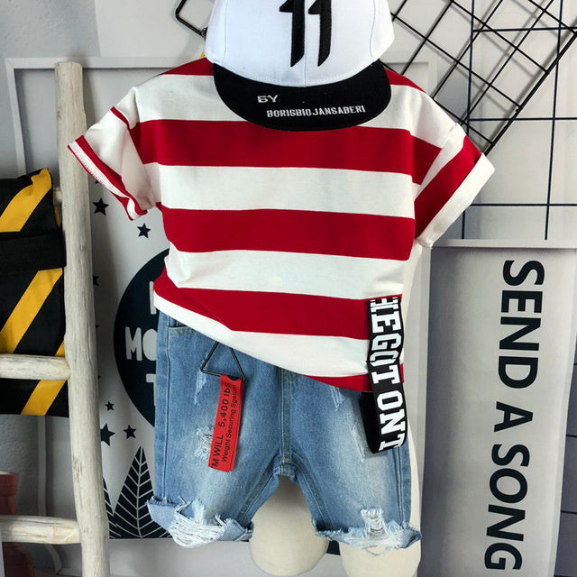 2020 New Summer Striped Short-Sleeve T-Shirt Set for Children, Distressed Personalized Denim Shorts Set, Two-Piece Trendy Outfit