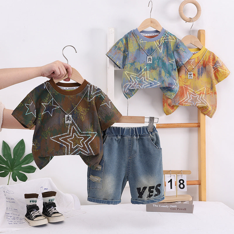 Boys' Summer 2026 New Chain Star Round Neck Short Sleeve Two-Piece Set, Stylish and Fashionable Children's Clothing