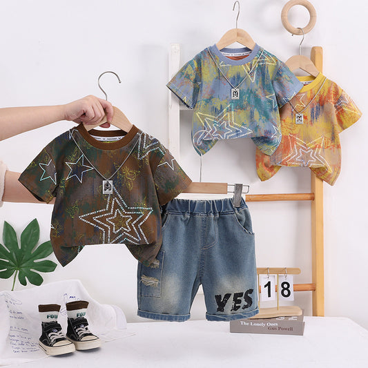 Boys' Summer 2026 New Chain Star Round Neck Short Sleeve Two-Piece Set, Stylish and Fashionable Children's Clothing