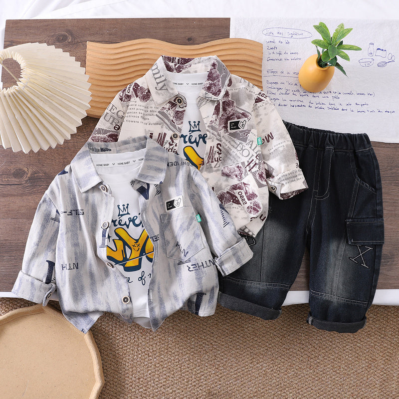 Boys' Autumn Casual Letter Print Three-Piece Set 2026 New Korean Style Stylish Baby Clothing Outfit Trendy