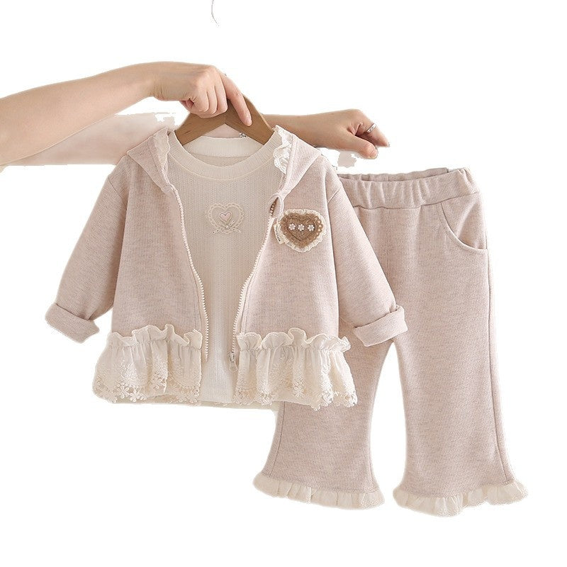 Girls' Outfit 2026 New Fashionable Baby Lace Collar Hooded Jacket Children's Clothing Spring and Autumn Three-Piece Set