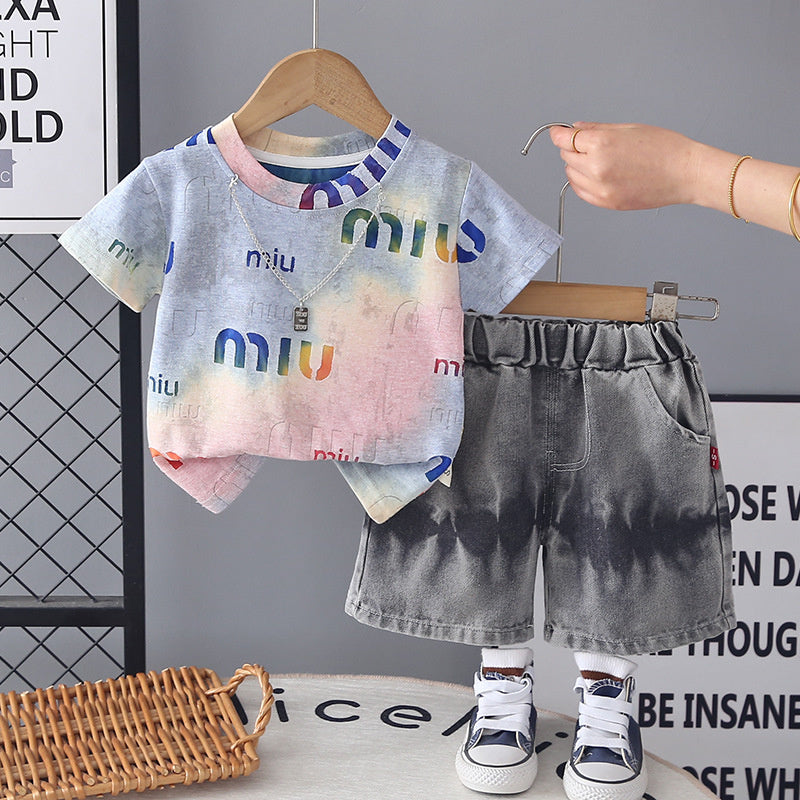 Boys' Outfit Children's Short Sleeve 2026 New Model for Young Boys Summer Casual Two-Piece Set with Necklace