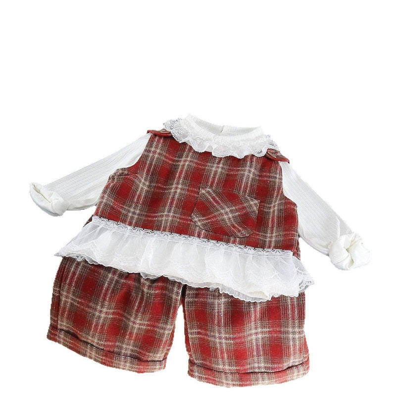 Outfit for Girls 2026 New Autumn Baby Clothes Stylish Large Plaid Vest Three-Piece Set Children's Clothing