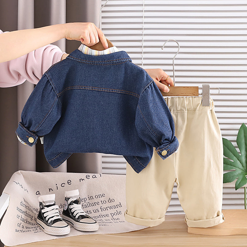 Boys' 2026 Spring and New Fashionable Children's Autumn Outfit Stylish Denim Jacket Three-Piece Set Baby Casual Wear