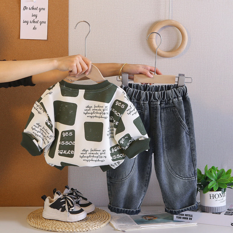 Baby Korean-style autumn sweatshirt set, stylish cool spring-autumn clothing for boys, infant and toddler two-piece trendy outfit