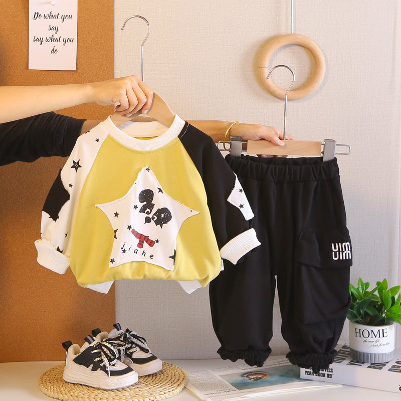 Boys' Spring Autumn Outfit 2026 New Style Puppy Color-Block Sweatshirt and Pants Stylish Casual Two-Piece Set Trendy Children's Clothing