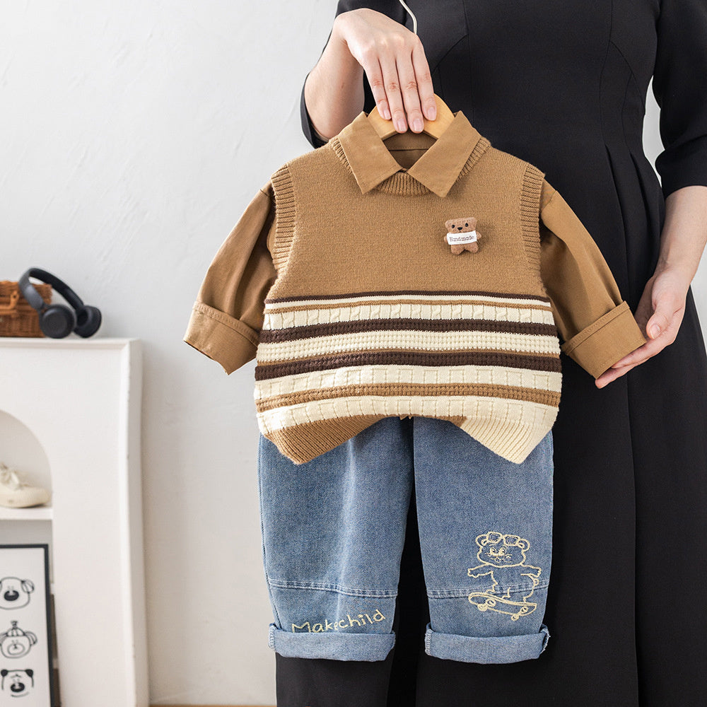 Boys' and Autumn Outfit 2026 New Stylish 1-3 Year Olds, Spring Striped Bear Vest Three-Piece Set for Toddlers