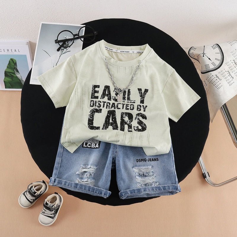 Children's Summer 2026 New Set: Tie-Dye Letter Print Short-Sleeve T-Shirt with Chain, Two-Piece Outfit for Boys