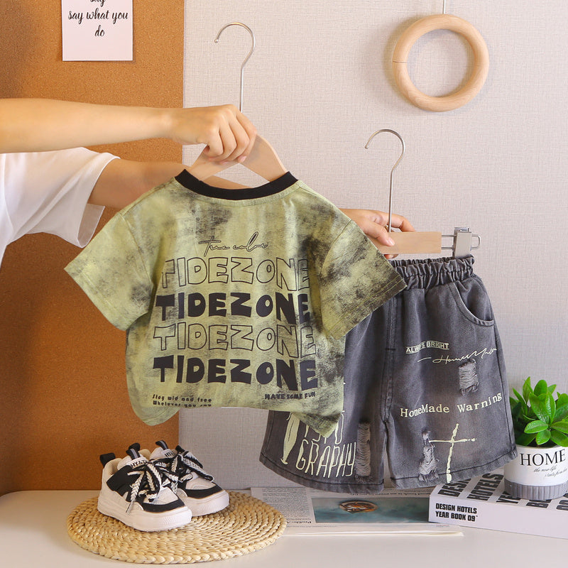 New stylish outfit boys, thin two-piece set with gradient letter print short sleeves, trendy summer clothing for babies