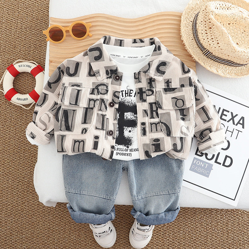 Boys' Outfit 2025 New Stylish Children's Spring and Autumn Letter Corduroy Three-Piece Set Baby Kids' Fashion