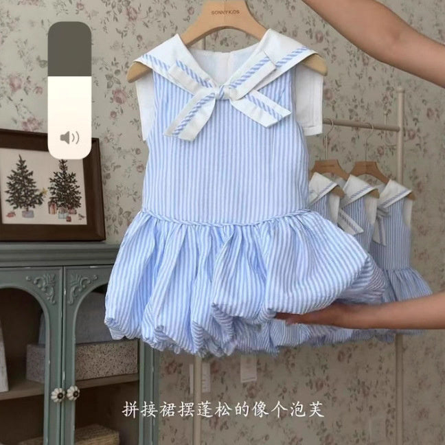 Girls' French Navy Collar Blue Striped Dress, Stylish and Elegant Slim Fit Bud Dress N222