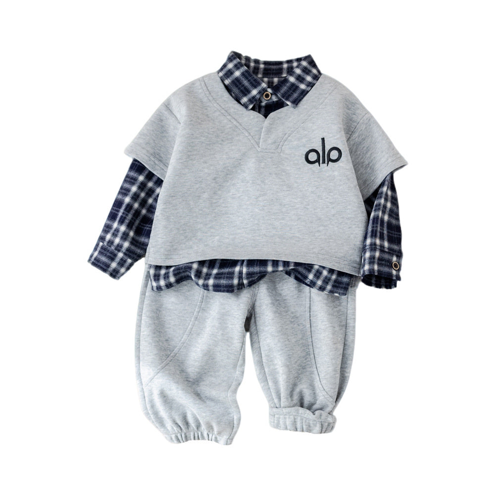 Boys' Autumn 2026 New Style Baby Boy Spring Outfit Stylish Plaid Shirt Long Sleeve Three-Piece Set for Infants and Children