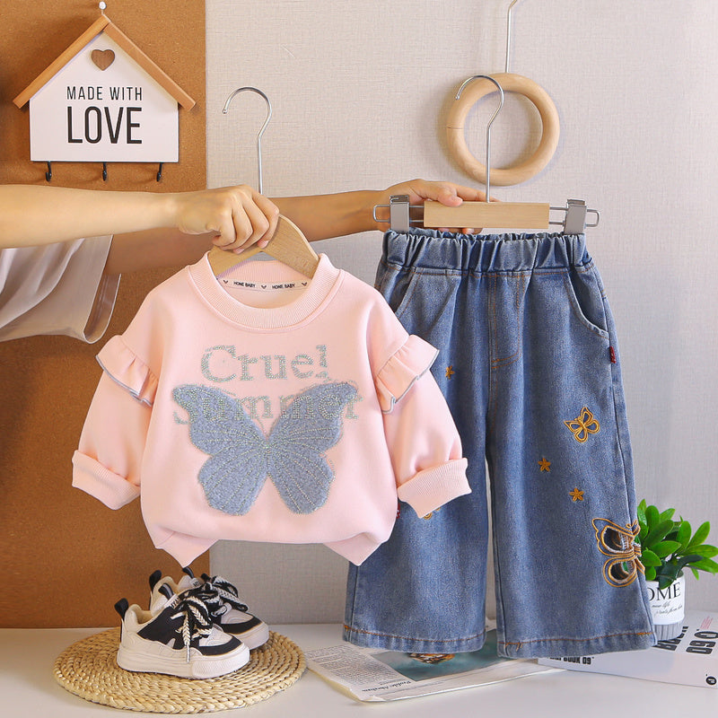 2026 Spring and New Korean Style Outfit Girls, Autumn Hollow Butterfly Jeans, Stylish Two-Piece Set for Babies