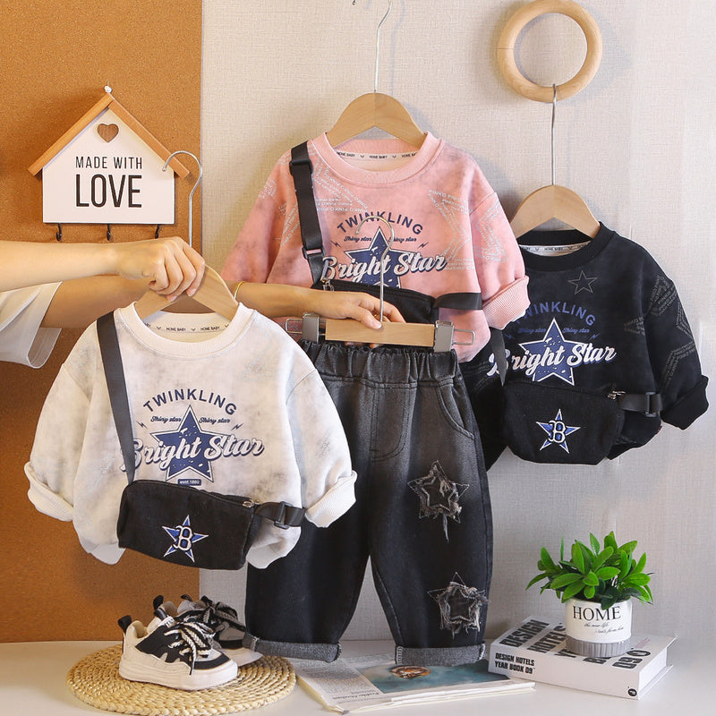 Boys' Stylish Spring and Autumn Outfit 2026 New Children's Star Pattern Hoodie Two-Piece Set Long Sleeve Baby Clothes