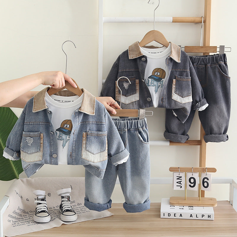 Boys' Double Pocket Denim 2025 New Korean Version Children's Soft Jacket for Young Middle-aged Children Spring and Autumn Three-piece Set