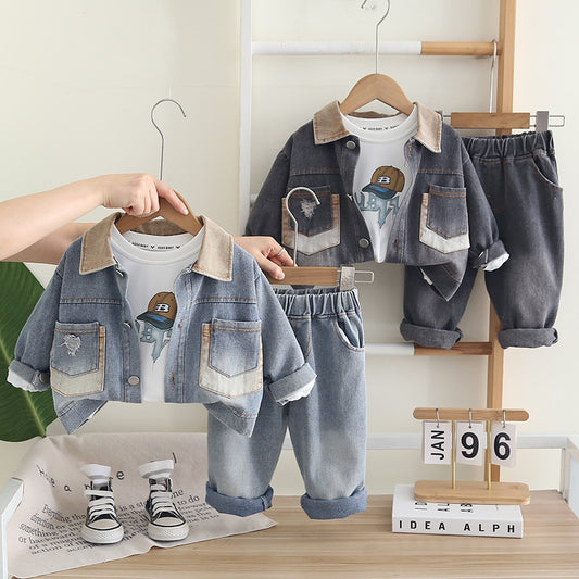 Outfit 2025 New Children's Spring and Autumn Clothes Boys' Denim Double Pocket Three-Piece Set