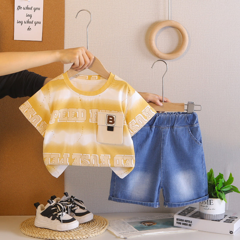 Summer Outfit with Letter Print Round Neck Set 2026 New Fashionable Boys' Clothes for 1-3 Year Olds, Children's Short Sleeve Trendy Wear