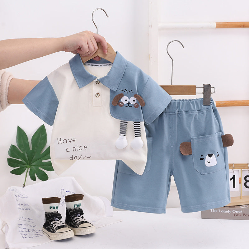 Boys' Suit 2026 New Style Color-Block Animal Placket Two-Piece Set Infant Short-Sleeve Baby Summer Clothes