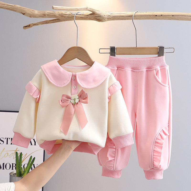 Baby Fleece-Lined Bunny Bowknot Sweatshirt for Girls, 2025 New Autumn/Winter Thickened Infant Two-Piece Set