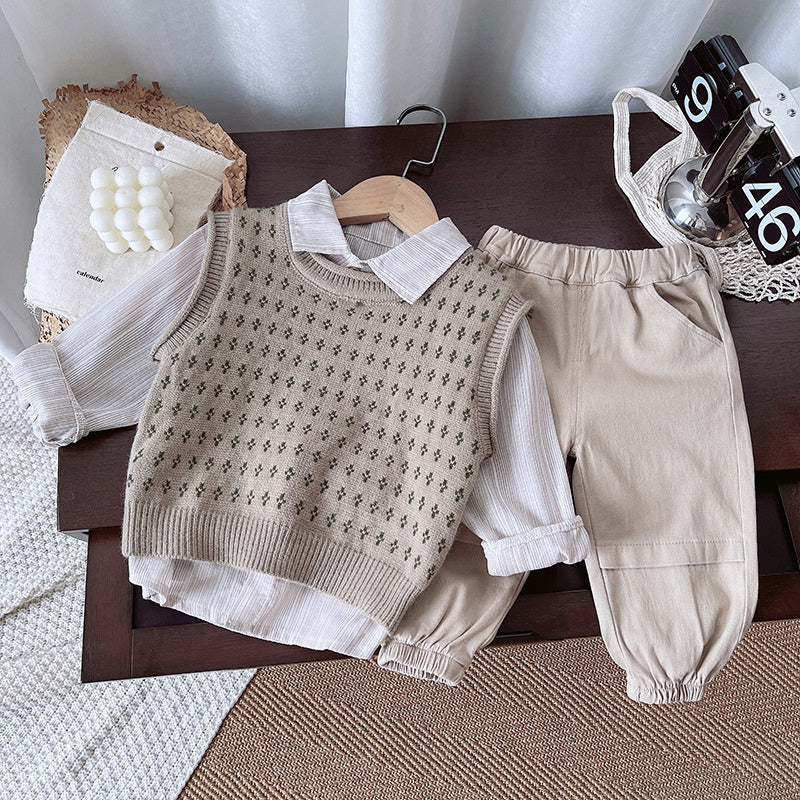 1 Year Old Baby Boy Outfit 2025 New Style 3 Boys Sweater Vest Three-Piece Set Spring and Autumn Infant Toddler Fashion